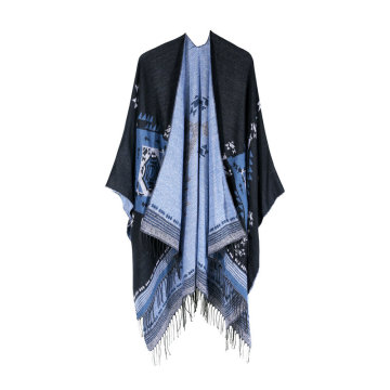 Women's Indian Printed Tassel Open front Poncho Cape Cardigan Wrap Shawl Faux Reversible Warm Cardigan Stole Capes